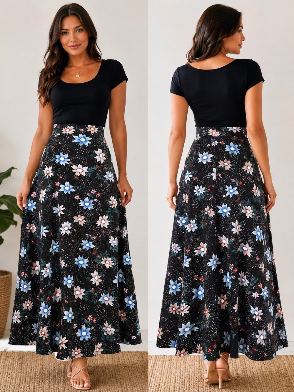 High-Waist Black Floral Maxi Skirt – A-Line Butterfly Hem